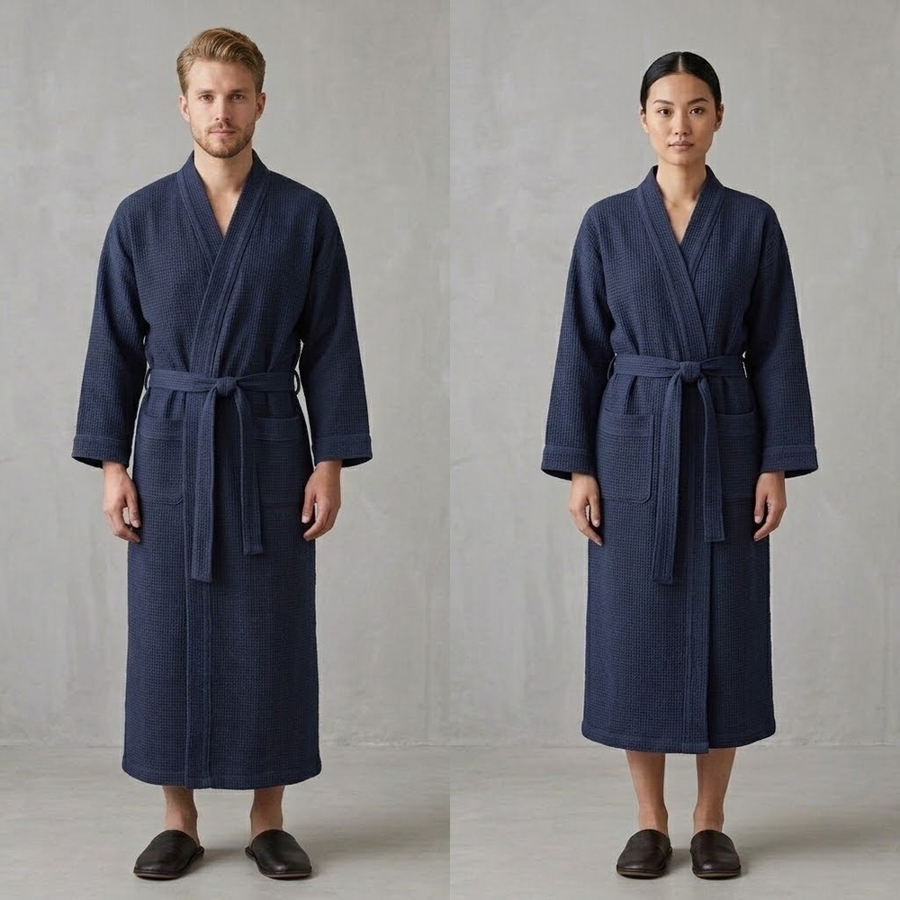Waffle Knit Robe Mens Womens Small Medium Navy‎ Cotton Blend Loungewear Spa Gown